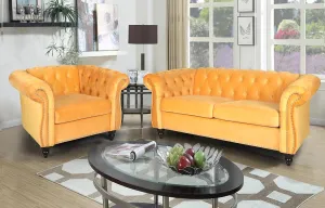 RARZOE 2 Pieces of Living Room Furniture Sofa Sets, Modern Contemporary Tufted Button Velvet Accent Club Chair&Chesterfield Loveseat Sofas Set with Nailhead Trim Scroll Arms(Mango)