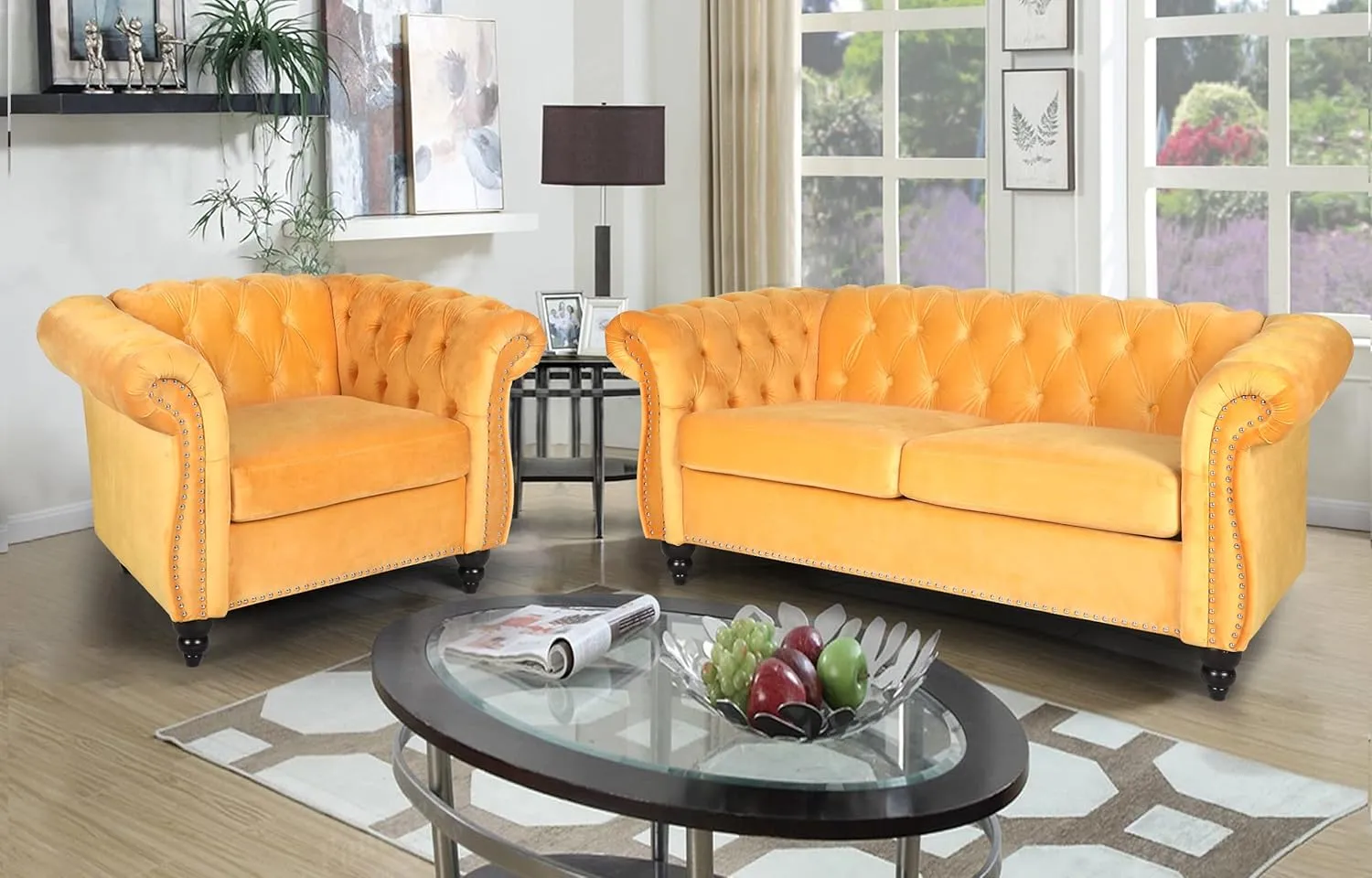 RARZOE 2 Pieces of Living Room Furniture Sofa Sets, Modern Contemporary Tufted Button Velvet Accent Club Chair&Chesterfield Loveseat Sofas Set with Nailhead Trim Scroll Arms(Mango)