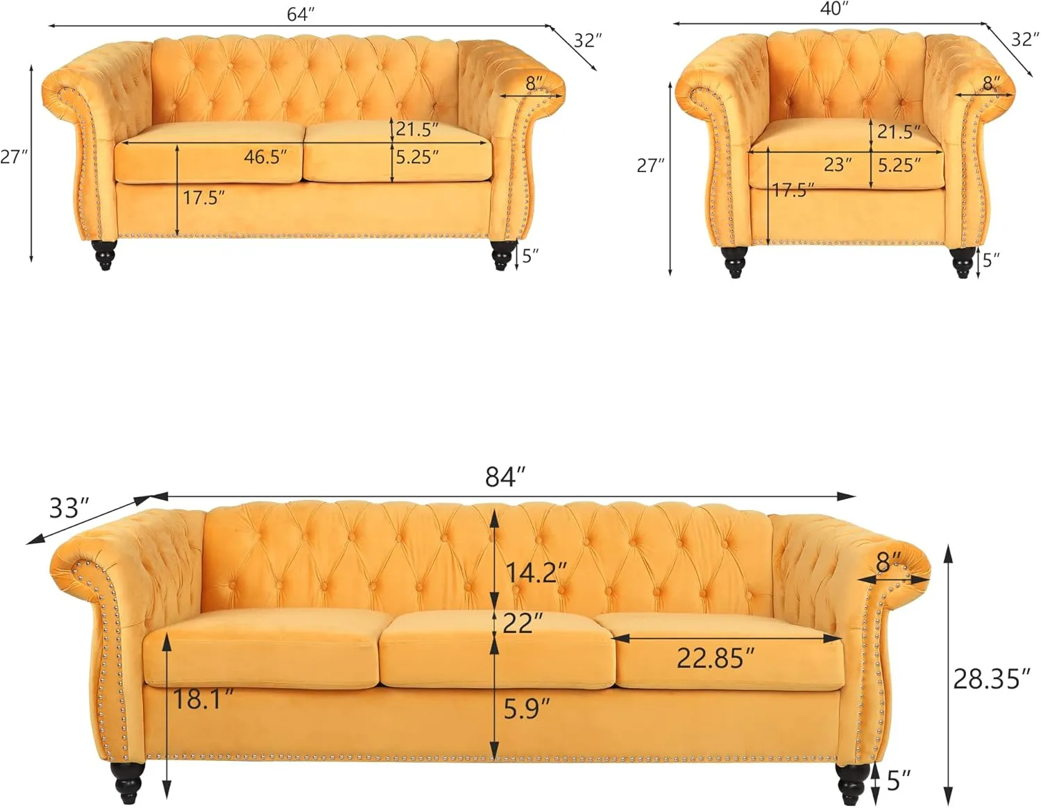 RARZOE 2 Pieces of Living Room Furniture Sofa Sets, Modern Contemporary Tufted Button Velvet Accent Club Chair&Chesterfield Loveseat Sofas Set with Nailhead Trim Scroll Arms(Mango)