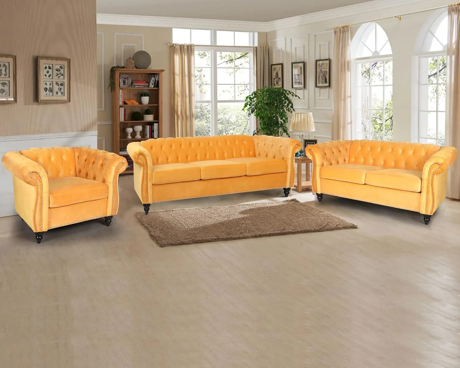 RARZOE 2 Pieces of Living Room Furniture Sofa Sets, Modern Contemporary Tufted Button Velvet Accent Club Chair&Chesterfield Loveseat Sofas Set with Nailhead Trim Scroll Arms(Mango)
