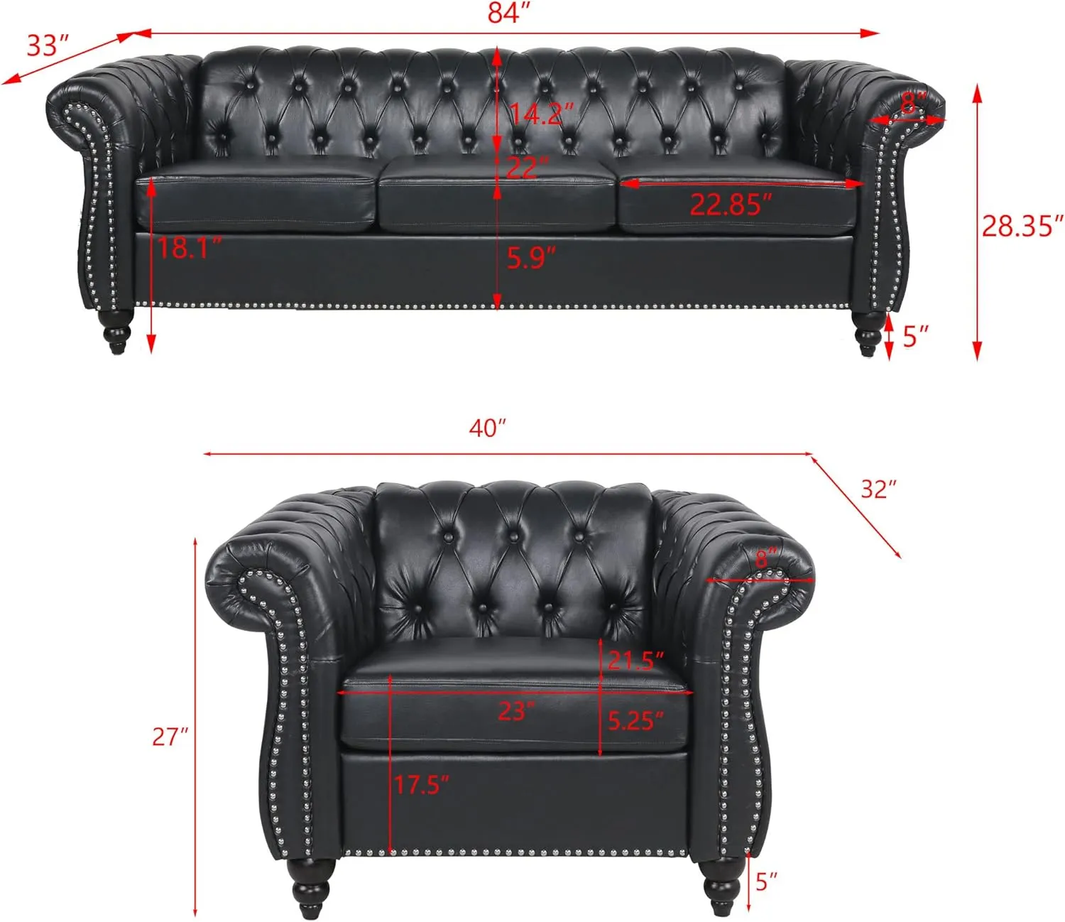 RARZOE Modern 2 Pieces Living Room Sofa Set, Contemporary Tufted Button Faux Leather Chesterfield Three-Seater Couch and Accent Club Chair with Nailhead Trim Scroll Arms for Home Furniture (Black)