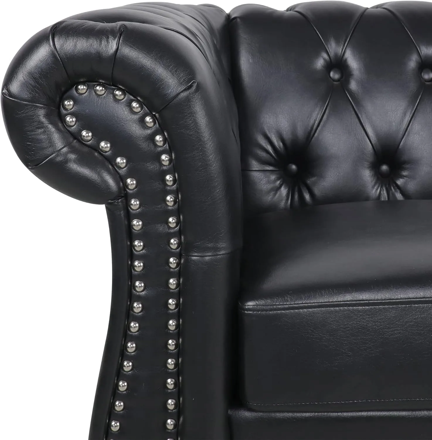 RARZOE Modern 2 Pieces Living Room Sofa Set, Contemporary Tufted Button Faux Leather Chesterfield Three-Seater Couch and Accent Club Chair with Nailhead Trim Scroll Arms for Home Furniture (Black)