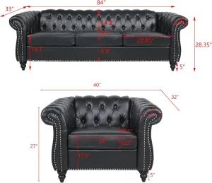 RARZOE Modern 2 Pieces Living Room Sofa Set, Contemporary Tufted Button Faux Leather Chesterfield Three-Seater Couch and Accent Club Chair with Nailhead Trim Scroll Arms for Home Furniture (Black)