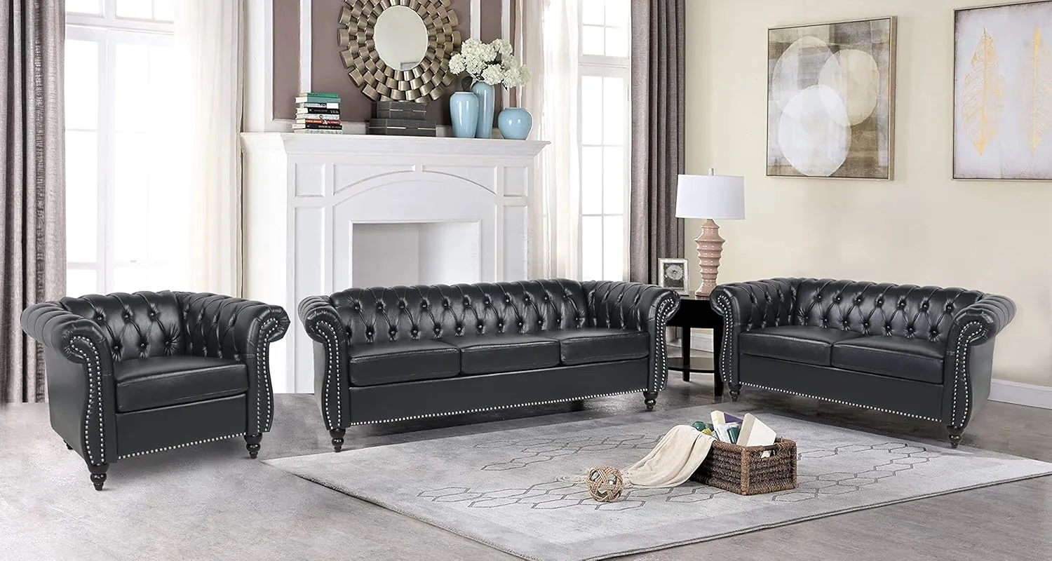 RARZOE Modern 2 Pieces Living Room Sofa Set, Contemporary Tufted Button Faux Leather Chesterfield Three-Seater Couch and Accent Club Chair with Nailhead Trim Scroll Arms for Home Furniture (Black)