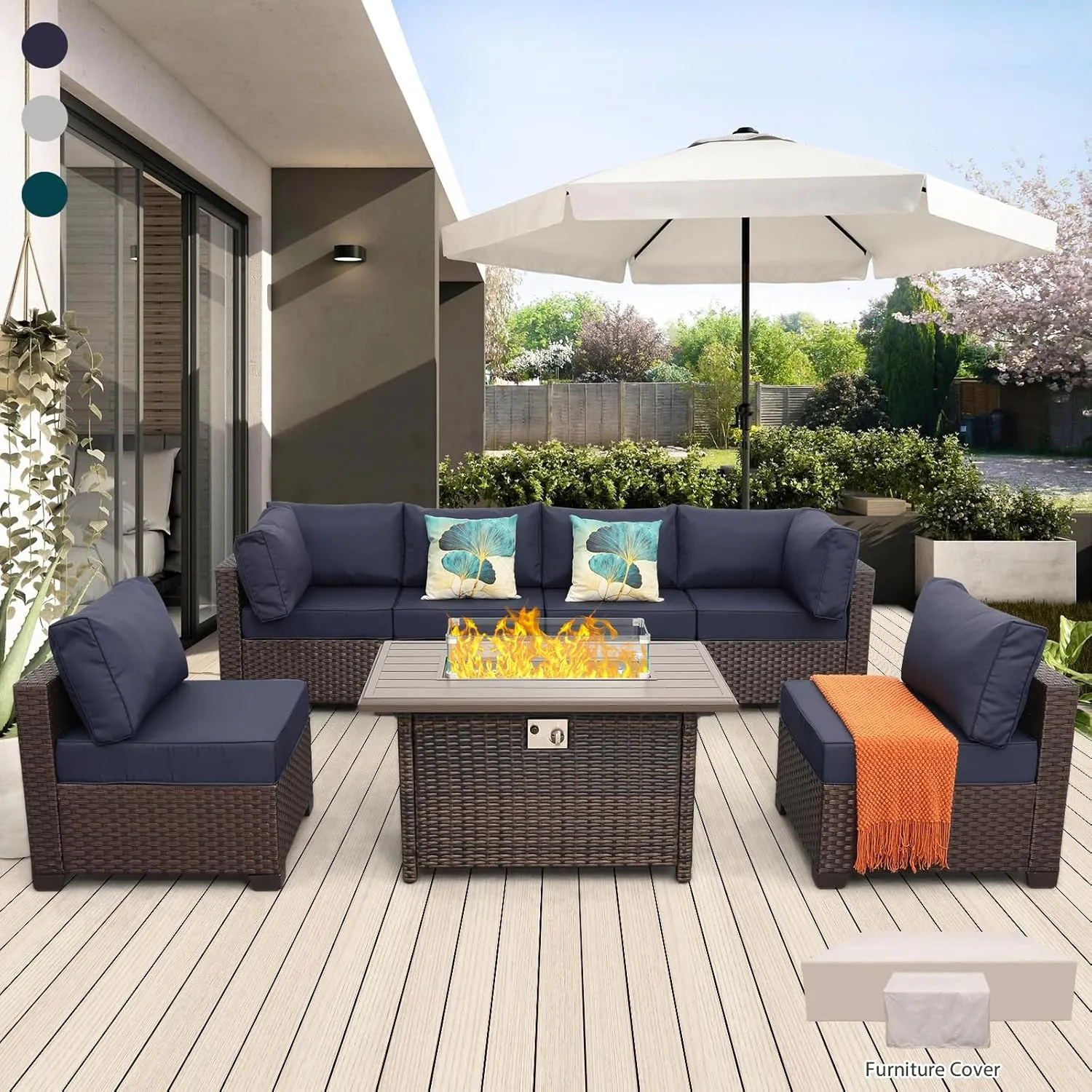 Rattaner Patio Furniture Set with 45 Inches Fire Pit 7-Piece Outdoor Sectional Patio Couch 60000 BTU Wicker Propane Fire Pit Table with No-Slip 5" Cushions and Waterproof Covers, Navy Blue