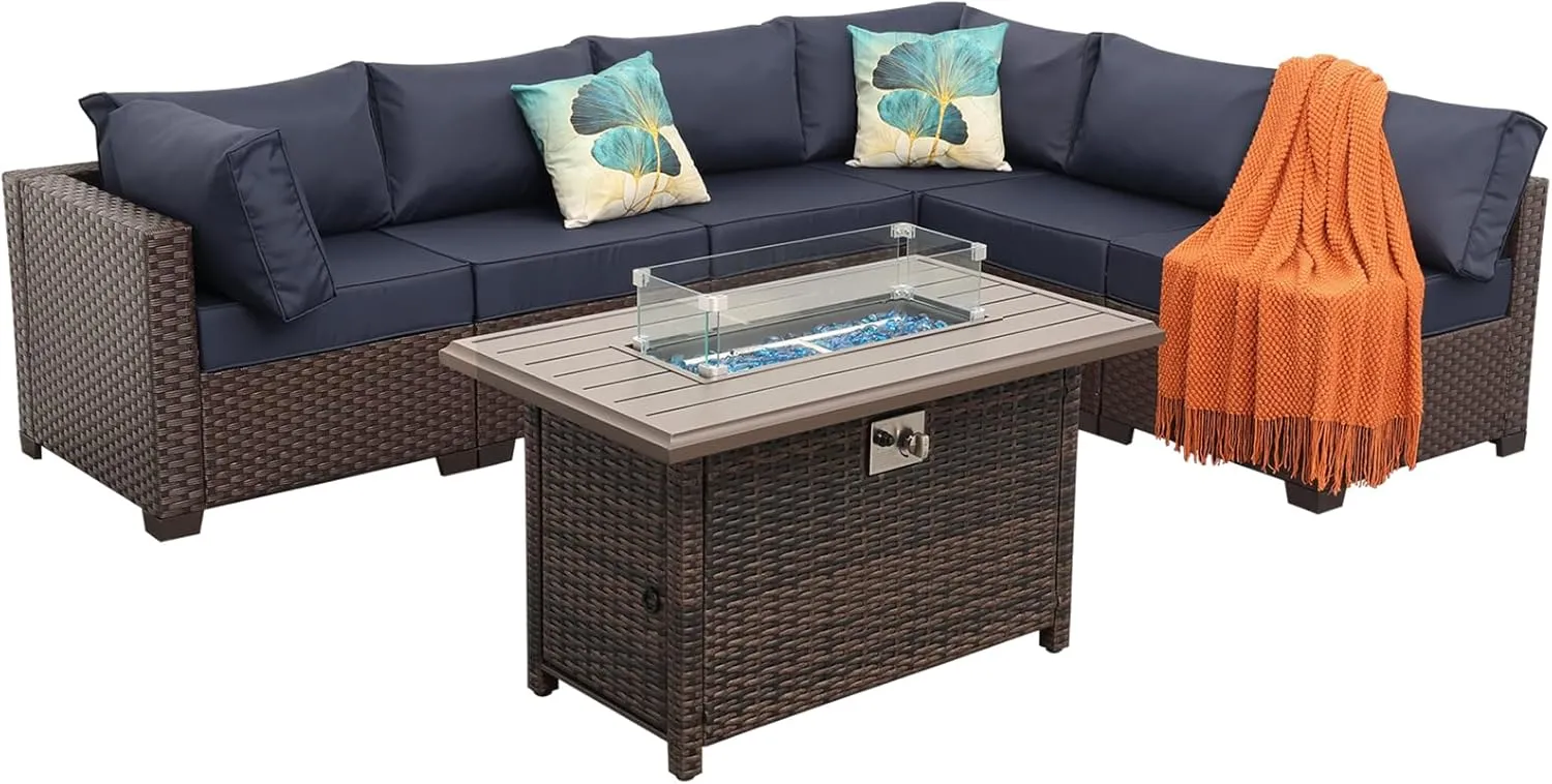 Rattaner Patio Furniture Set with 45 Inches Fire Pit 7-Piece Outdoor Sectional Patio Couch 60000 BTU Wicker Propane Fire Pit Table with No-Slip 5" Cushions and Waterproof Covers, Navy Blue
