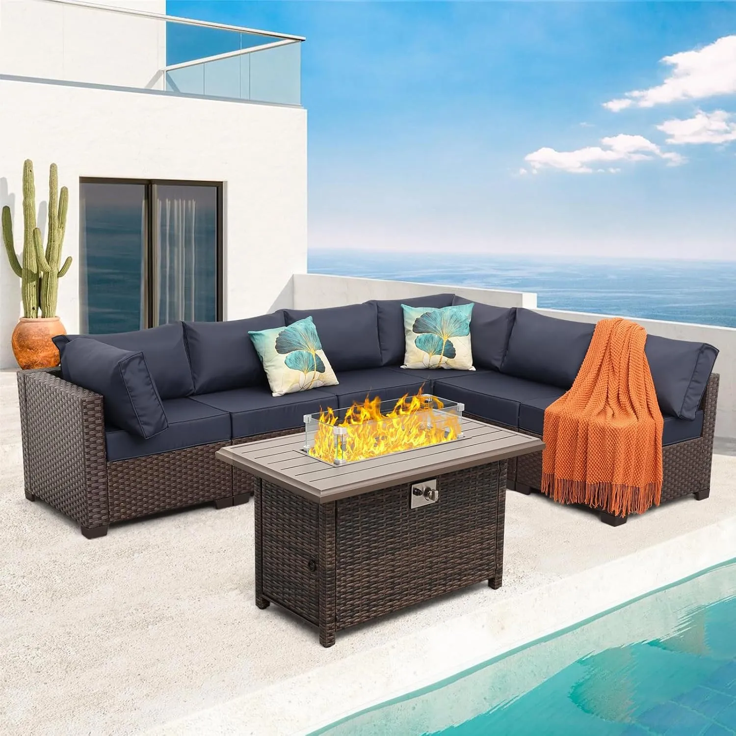 Rattaner Patio Furniture Set with 45 Inches Fire Pit 7-Piece Outdoor Sectional Patio Couch 60000 BTU Wicker Propane Fire Pit Table with No-Slip 5" Cushions and Waterproof Covers, Navy Blue