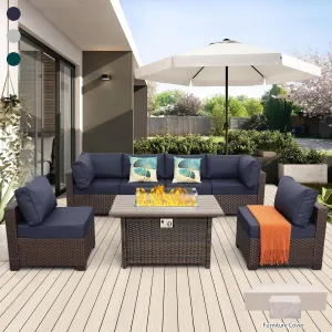 Rattaner Patio Furniture Set with 45 Inches Fire Pit 7-Piece Outdoor Sectional Patio Couch 60000 BTU Wicker Propane Fire Pit Table with No-Slip 5" Cushions and Waterproof Covers, Navy Blue