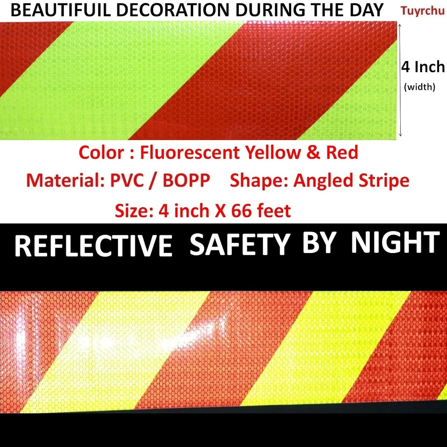 Reflective Tape 4 inch X 66 feet, Outdoor Waterproof Hazard Conspicuity Safety Warning Industrial Marking Tape