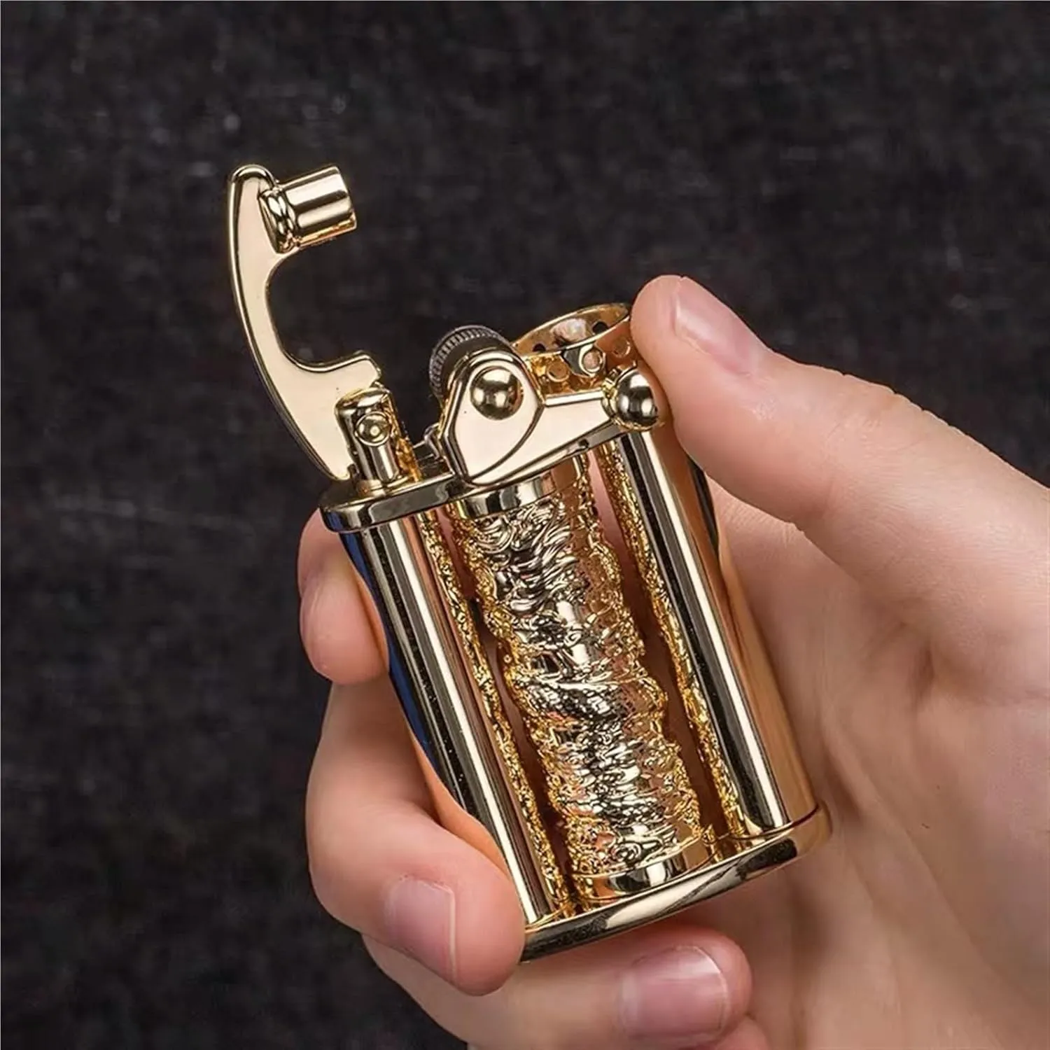 Retro Kerosene Lighter, Stylish Rocker Gear Ignition Windproof Trench Lighter, Perfect for Outdoor, Travel,(A)