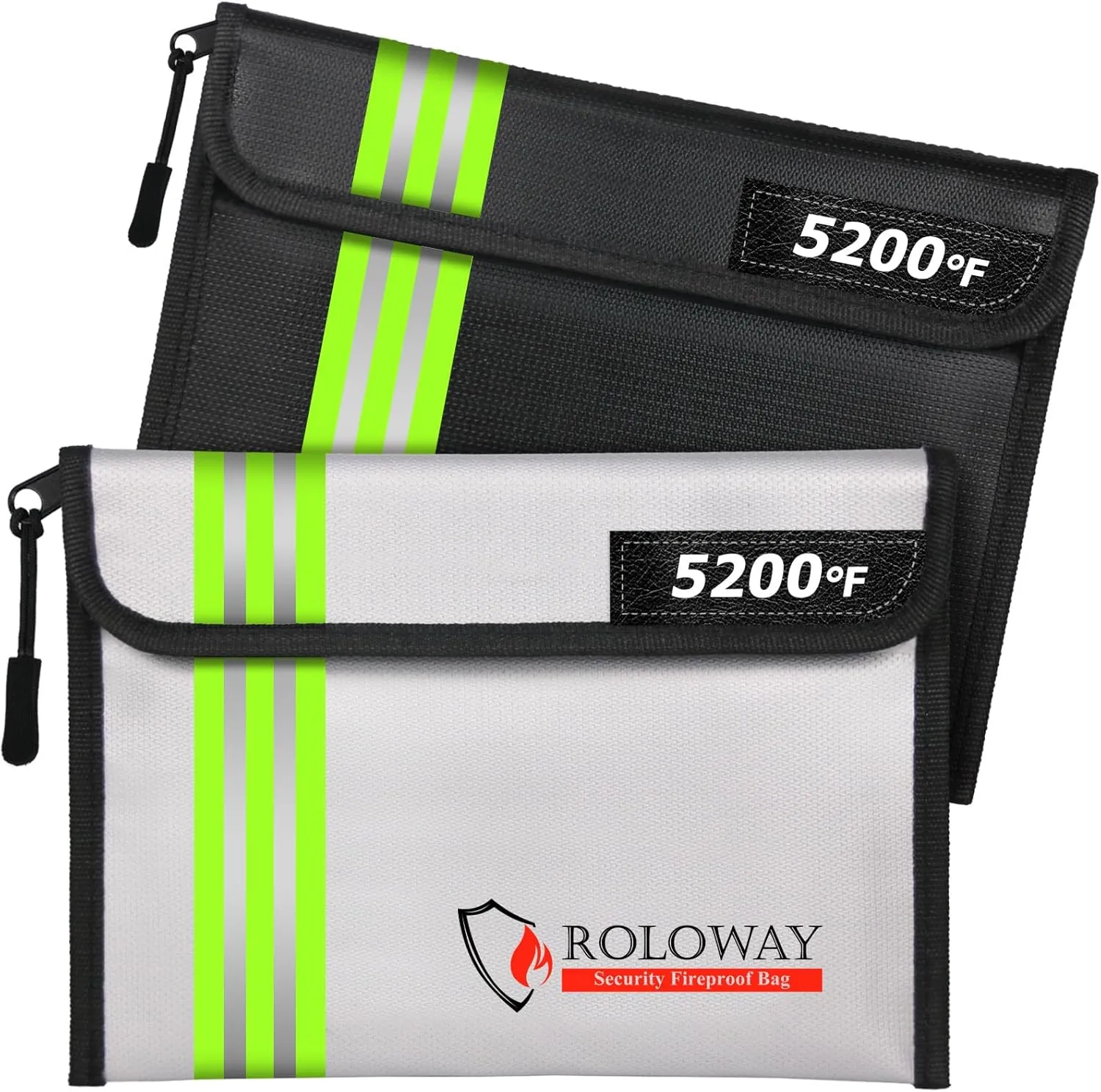 ROLOWAY Fireproof Bag (9.6 x 6.6 inches) 5200°F Heat Insulated with Reflective Strip, Money Zipper for Cash, Safe Bank Bag, Organizer Cash (2-Pack), RW-AFB-2PR