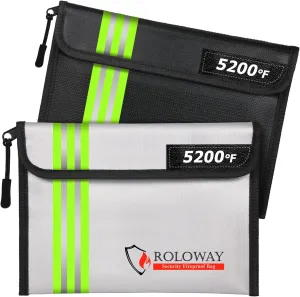 ROLOWAY Fireproof Bag (9.6 x 6.6 inches) 5200°F Heat Insulated with Reflective Strip, Money Zipper for Cash, Safe Bank Bag, Organizer Cash (2-Pack), RW-AFB-2PR