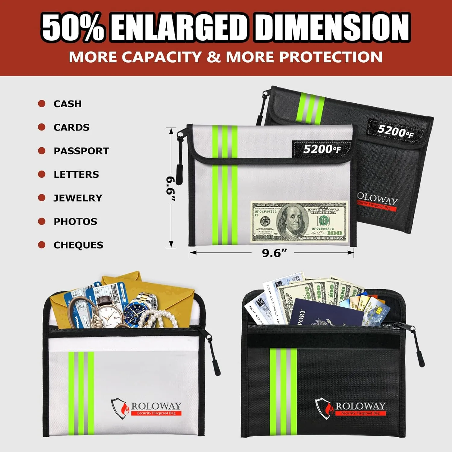 ROLOWAY Fireproof Bag (9.6 x 6.6 inches) 5200°F Heat Insulated with Reflective Strip, Money Zipper for Cash, Safe Bank Bag, Organizer Cash (2-Pack), RW-AFB-2PR