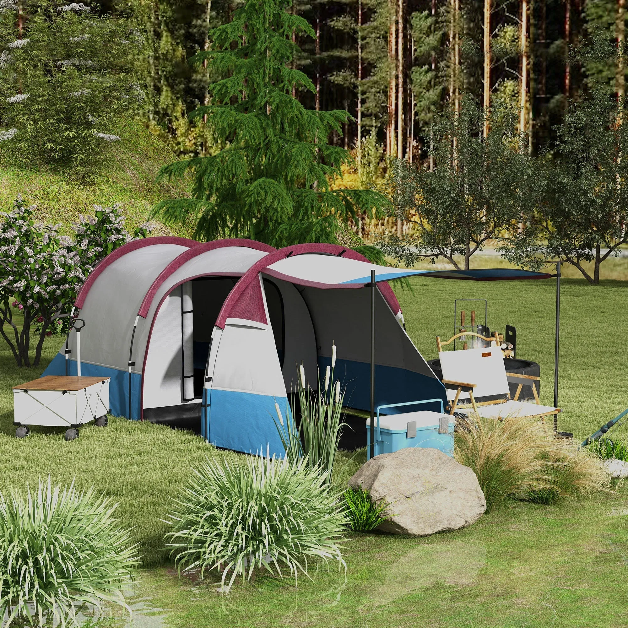 Rootz 3 Person Camping Tent - Outdoor Tent - Waterproof Shelter - Lantern Hooks - 420cm x 200cm x 150cm - Blue, White