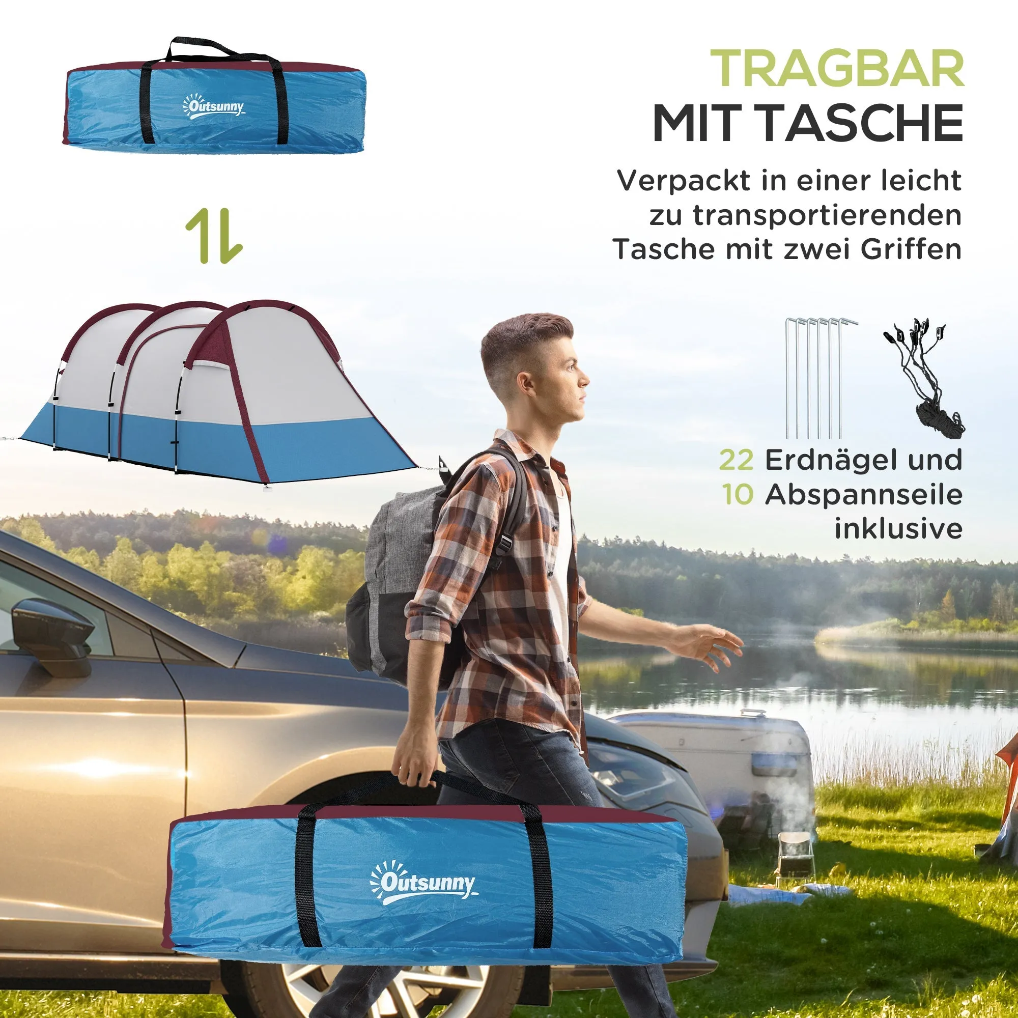 Rootz 3 Person Camping Tent - Outdoor Tent - Waterproof Shelter - Lantern Hooks - 420cm x 200cm x 150cm - Blue, White