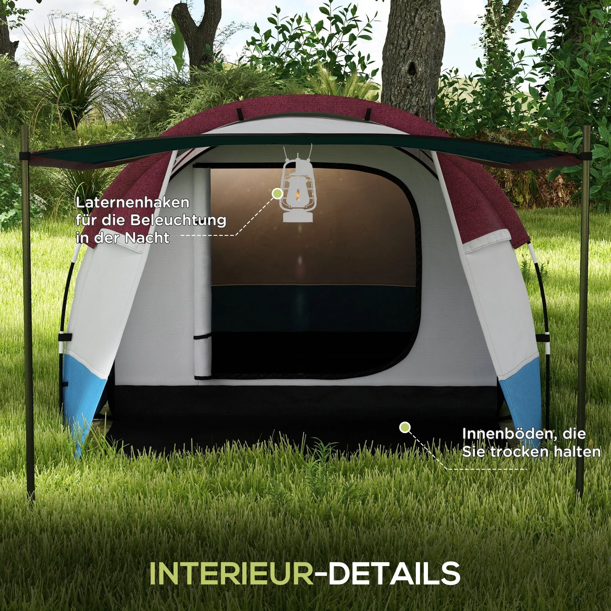 Rootz 3 Person Camping Tent - Outdoor Tent - Waterproof Shelter - Lantern Hooks - 420cm x 200cm x 150cm - Blue, White