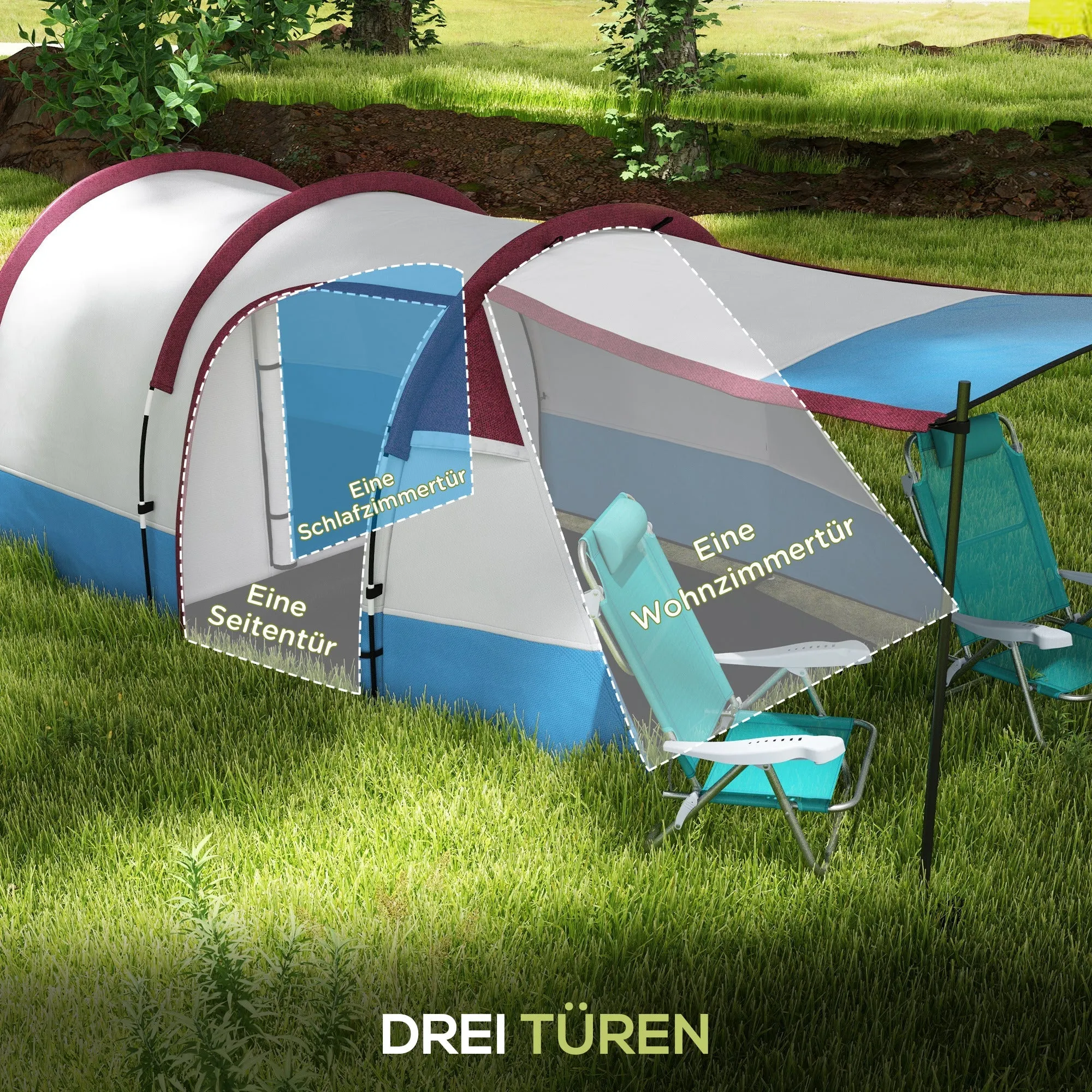 Rootz 3 Person Camping Tent - Outdoor Tent - Waterproof Shelter - Lantern Hooks - 420cm x 200cm x 150cm - Blue, White