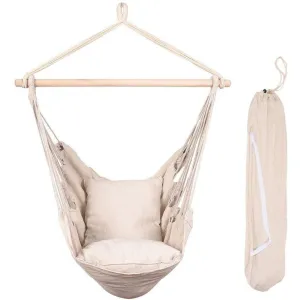 Rope Hammock Chair Swing Seat with Cushions and Carrying Bag - Natural Canvas - Supports 300 lbs - Hardwood Spreader Bar