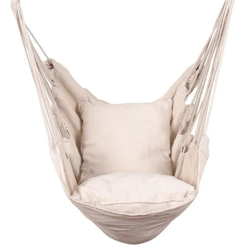 Rope Hammock Chair Swing Seat with Cushions and Carrying Bag - Natural Canvas - Supports 300 lbs - Hardwood Spreader Bar