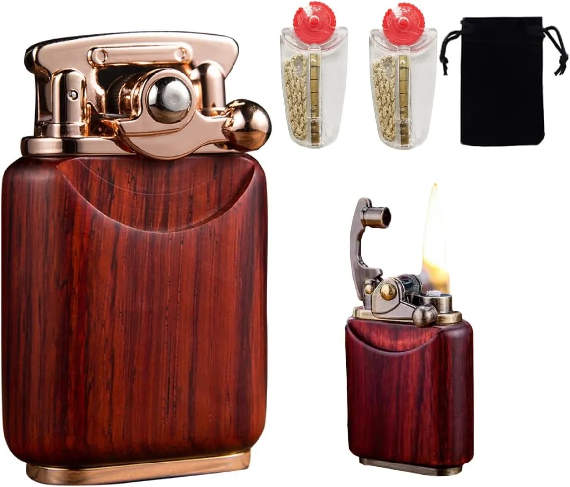 Rosewood Vintage Trench Lighter,Windproof Reusable Antique Kerosene Lighter,Flame Rocker Arm Petrol Oil Lighter,Novelty Gift for Husband Boyfriend Father (Red)