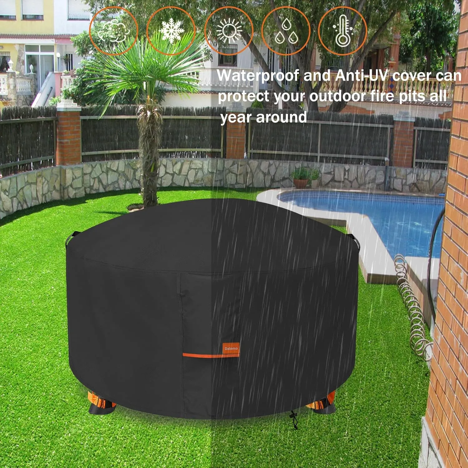 Round Fire Pit Cover,600D Heavy Duty Tear-Resistant Waterproof Outdoor Fire Pit Cover 34-36 Inch,Outdoor Firepit Covers Round 36" Dia x 24" H,Black