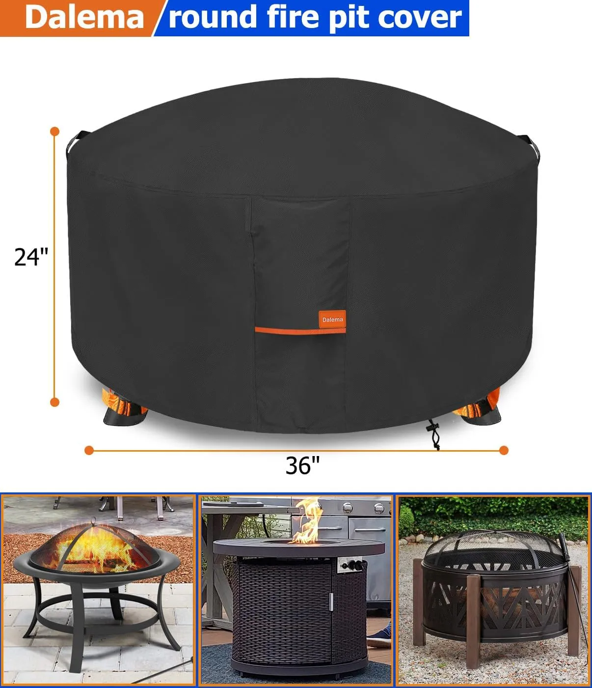 Round Fire Pit Cover,600D Heavy Duty Tear-Resistant Waterproof Outdoor Fire Pit Cover 34-36 Inch,Outdoor Firepit Covers Round 36" Dia x 24" H,Black