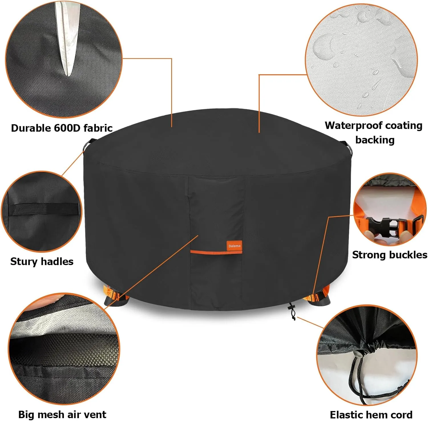 Round Fire Pit Cover,600D Heavy Duty Tear-Resistant Waterproof Outdoor Fire Pit Cover 34-36 Inch,Outdoor Firepit Covers Round 36" Dia x 24" H,Black