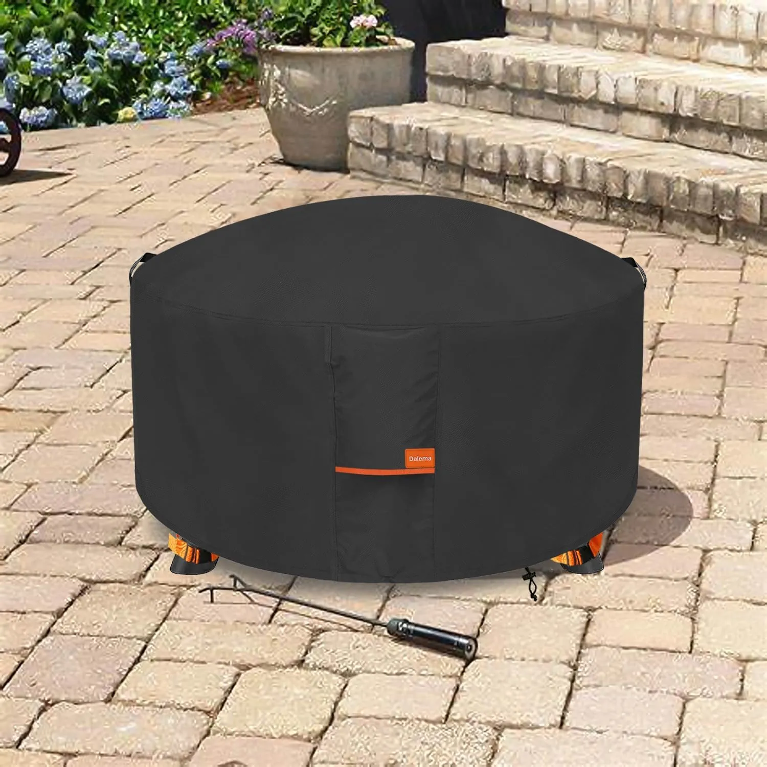 Round Fire Pit Cover,600D Heavy Duty Tear-Resistant Waterproof Outdoor Fire Pit Cover 34-36 Inch,Outdoor Firepit Covers Round 36" Dia x 24" H,Black