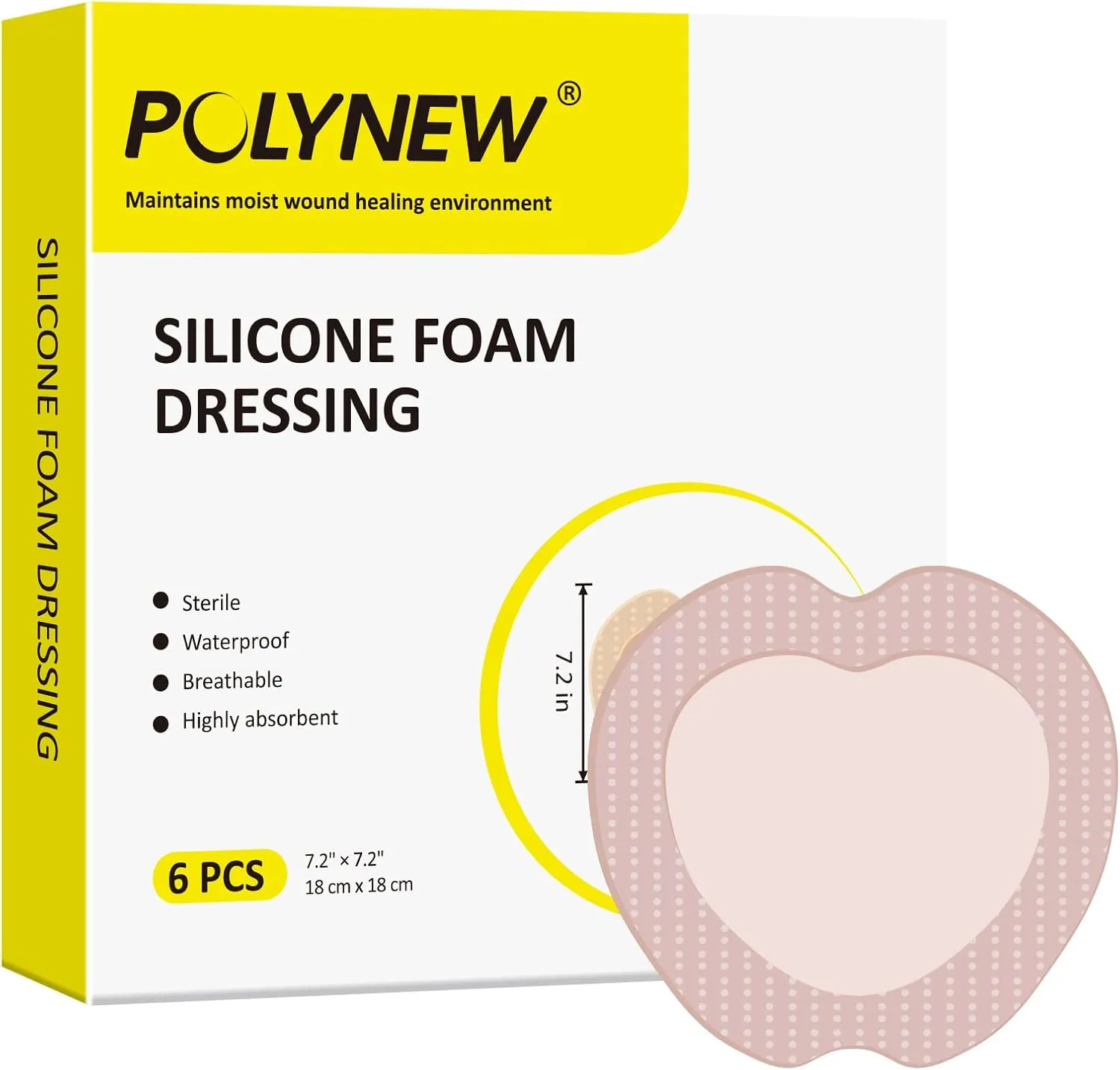 Sacrum Silicone Foam Sacral Pad with Adhesive Border 7.2"x7.2", 6 Individual Package for Large Wound Care, Bedsore, Pressure Sore