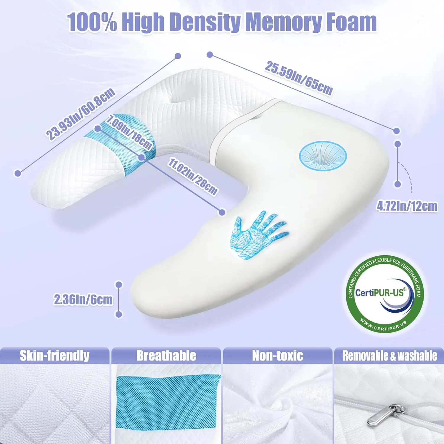 SAHEYER Side Sleeper Pillows for Adults, U Shaped Body Pillow for Pain Relief, Orthopedic Memory Foam Shoulder Pillow for Side,Stomach, Back, Arm with Removable Washable Cover (Upgraded Version), Blue