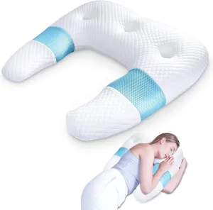 SAHEYER Side Sleeper Pillows for Adults, U Shaped Body Pillow for Pain Relief, Orthopedic Memory Foam Shoulder Pillow for Side,Stomach, Back, Arm with Removable Washable Cover (Upgraded Version), Blue