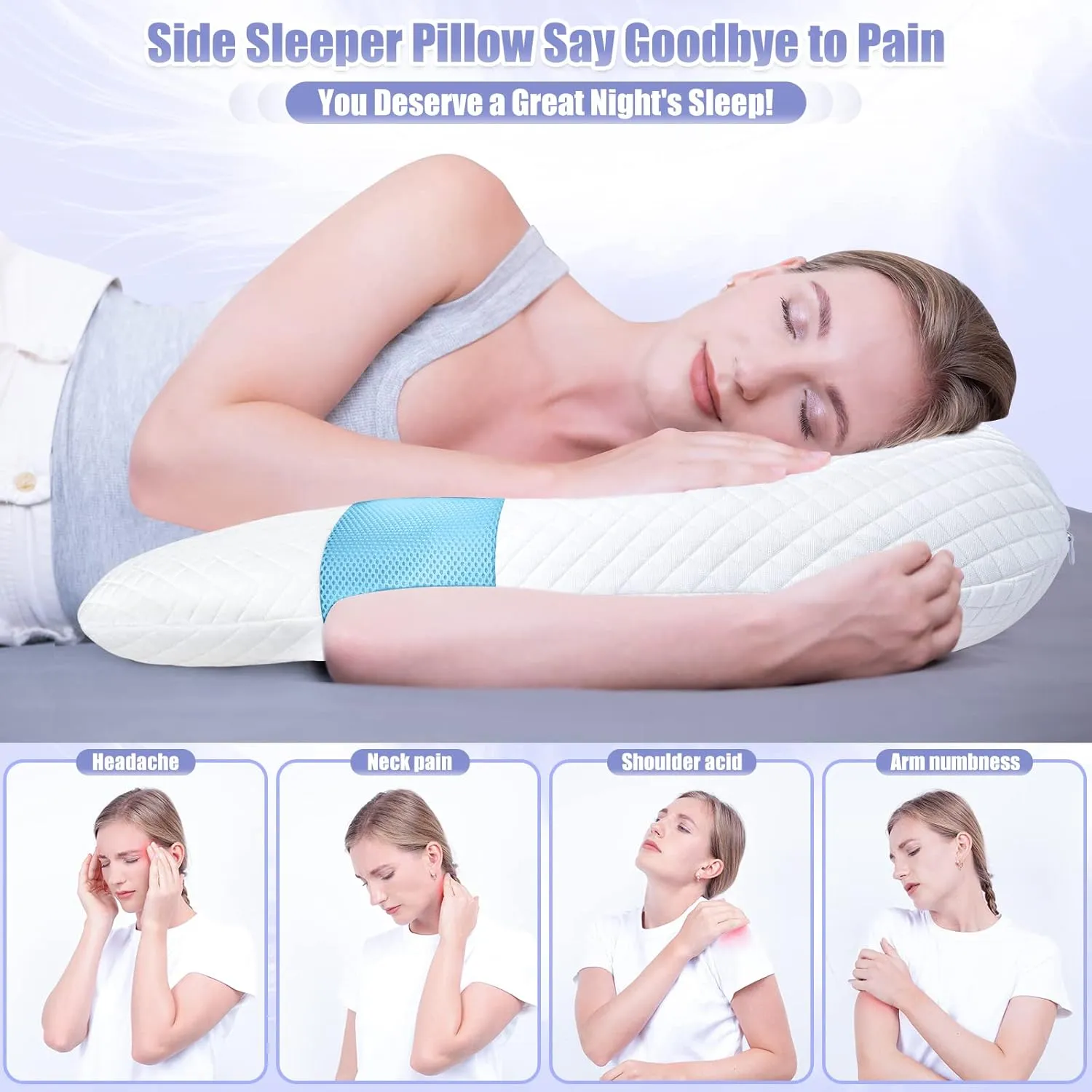 SAHEYER Side Sleeper Pillows for Adults, U Shaped Body Pillow for Pain Relief, Orthopedic Memory Foam Shoulder Pillow for Side,Stomach, Back, Arm with Removable Washable Cover (Upgraded Version), Blue