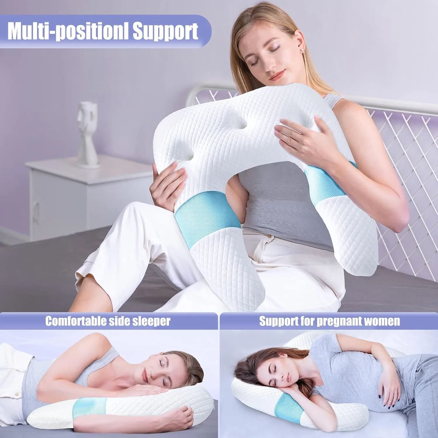 SAHEYER Side Sleeper Pillows for Adults, U Shaped Body Pillow for Pain Relief, Orthopedic Memory Foam Shoulder Pillow for Side,Stomach, Back, Arm with Removable Washable Cover (Upgraded Version), Blue
