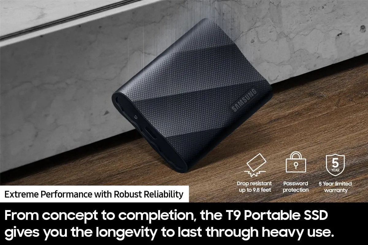 Samsung T9 Portable SSD 1TB, USB 3.2 Gen 2x2 External Solid State Drive, Seq. Read Speeds Up to 2,000MB/s for Gaming, Students and Professionals, MU-PG1T0B/AM, Black
