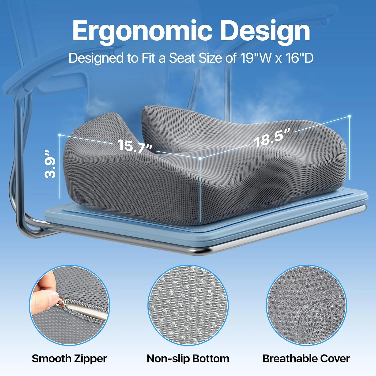 Seat Cushion, Extra Large Memory Foam Cushion for Office Chair Cushions, Ergonomic Cushions Pad Pillow for Pressure Relief Sciatica & Pain Relief for Long Sitting, Grey