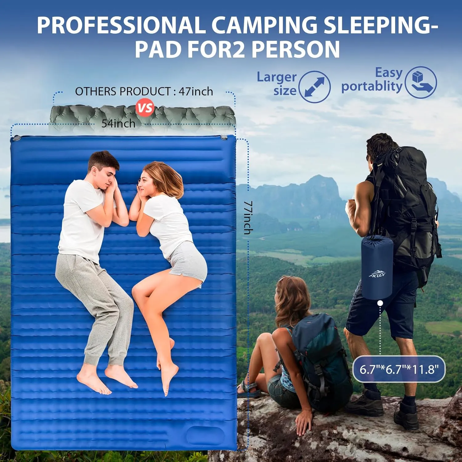 Self-Inflating Double Sleeping Pad - Camping Mattress for 2 Person, 4.7 Inch Extra-Thick Inflatable Camping Pad with Built-in Foot Pump, Ultralight Sleeping Mat for Backpacking Blue