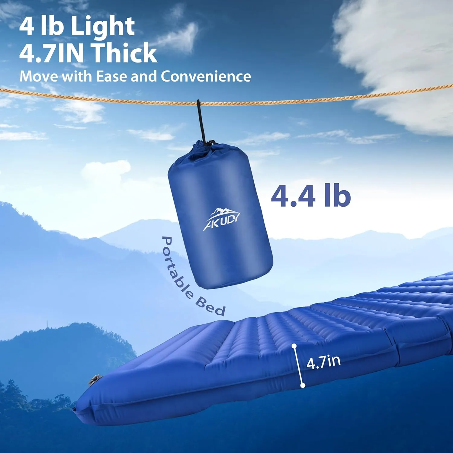 Self-Inflating Double Sleeping Pad - Camping Mattress for 2 Person, 4.7 Inch Extra-Thick Inflatable Camping Pad with Built-in Foot Pump, Ultralight Sleeping Mat for Backpacking Blue