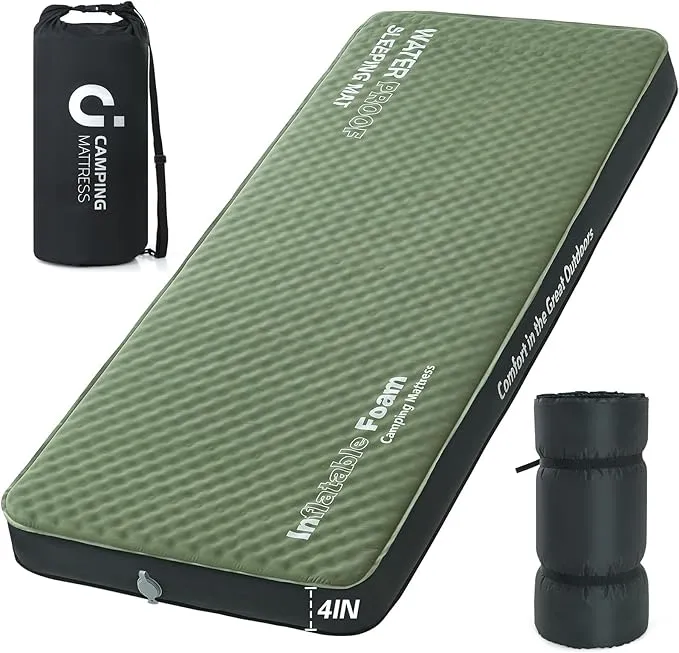 Self Inflating Sleeping Pad, 4in Ultra-Thick Foam Camping Car Mattress with Air Pump Sack, Sleeping Mat for Adults Inflatable Camping Pad Mattress, Single Cot Bed, Travel, Car, Tent, Home, Army Green