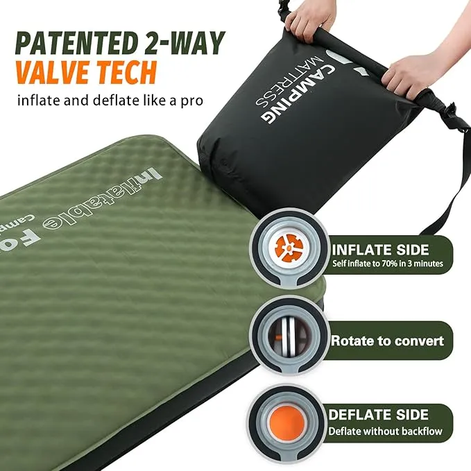 Self Inflating Sleeping Pad, 4in Ultra-Thick Foam Camping Car Mattress with Air Pump Sack, Sleeping Mat for Adults Inflatable Camping Pad Mattress, Single Cot Bed, Travel, Car, Tent, Home, Army Green