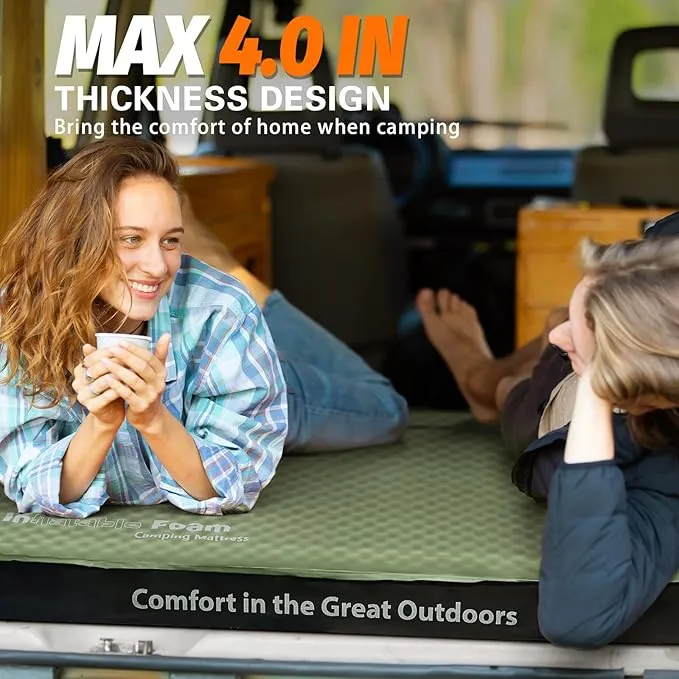Self Inflating Sleeping Pad, 4in Ultra-Thick Foam Camping Car Mattress with Air Pump Sack, Sleeping Mat for Adults Inflatable Camping Pad Mattress, Single Cot Bed, Travel, Car, Tent, Home, Army Green