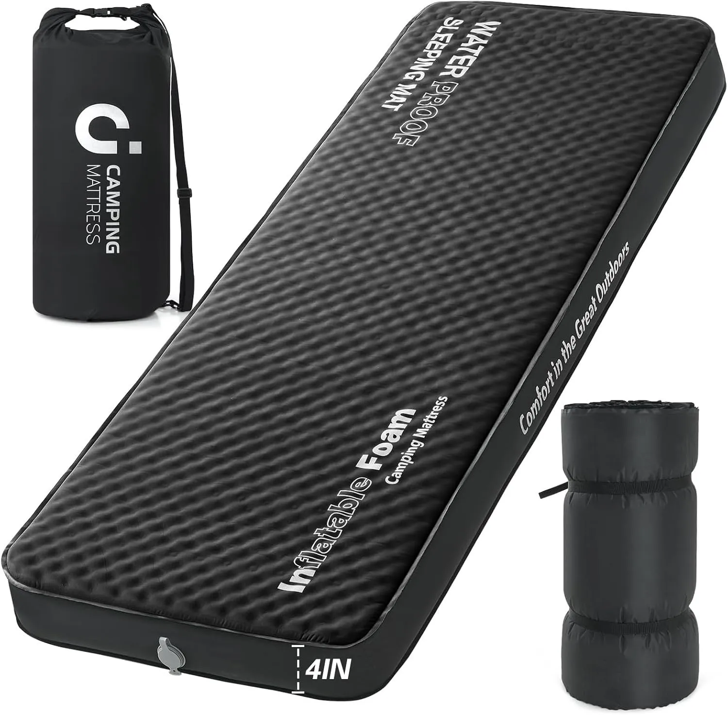Self Inflating Sleeping Pad, 4in Ultra-Thick Foam Camping Single Mattress with Air Pump Sack, Sleeping Mats for Adults Inflatable Camping Pad Mattress, Cot Bed, Travel, Car, Tent, Home, Black