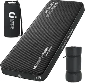 Self Inflating Sleeping Pad, 4in Ultra-Thick Foam Camping Single Mattress with Air Pump Sack, Sleeping Mats for Adults Inflatable Camping Pad Mattress, Cot Bed, Travel, Car, Tent, Home, Black
