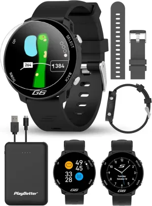 Shot Scope G6 Golf GPS Watch Bundle - Full Hole Maps, F/M/B Distances, Large Display - Includes Extra Carbon Gray Straps, PlayBetter Portable Charger & HD Screen Protectors