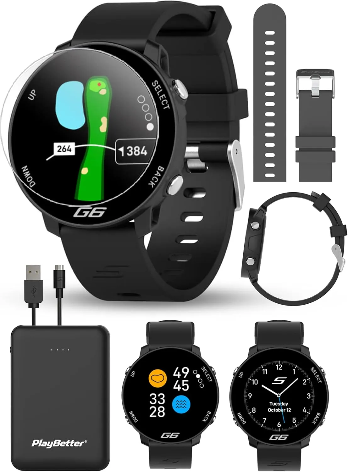Shot Scope G6 Golf GPS Watch Bundle - Full Hole Maps, F/M/B Distances, Large Display - Includes Extra Carbon Gray Straps, PlayBetter Portable Charger & HD Screen Protectors
