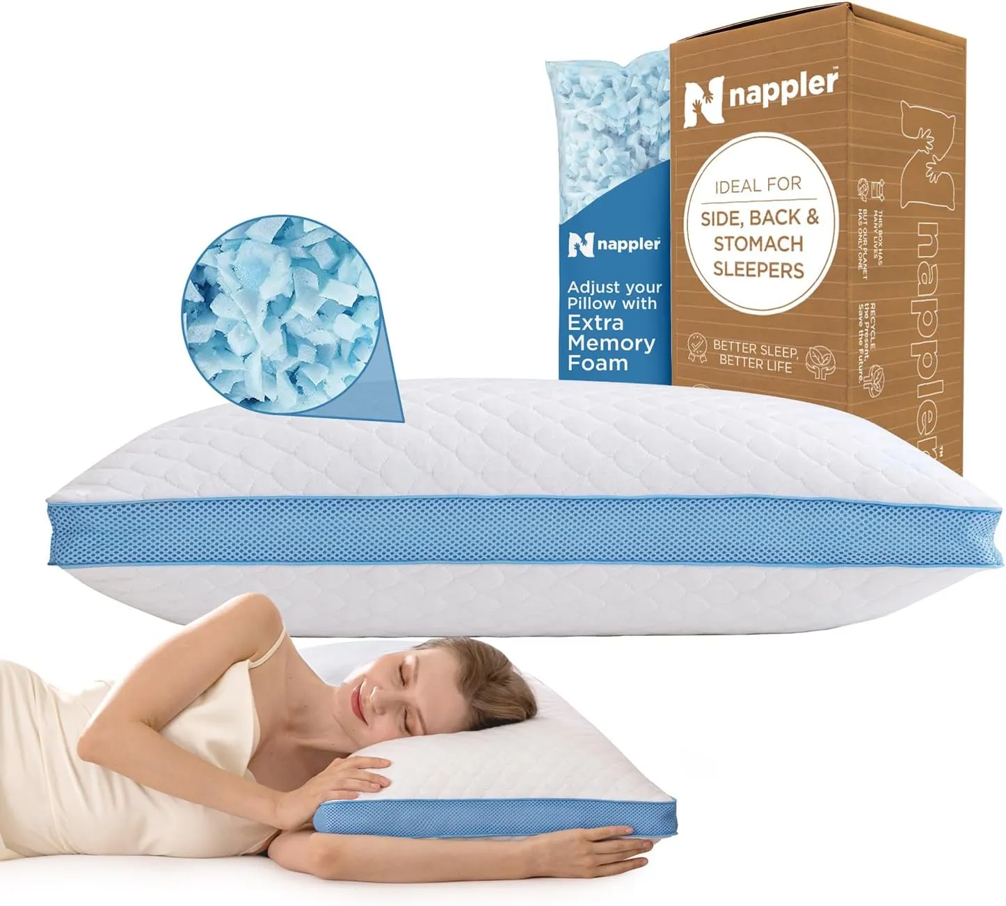 Side and Back Sleeper Pillow for Neck and Shoulder Pain Relief - Shredded Memory Foam Bed Pillow for Sleeping - 100% Adjustable Fill - Standard Size Modal Washable Case. Extra Fill Included