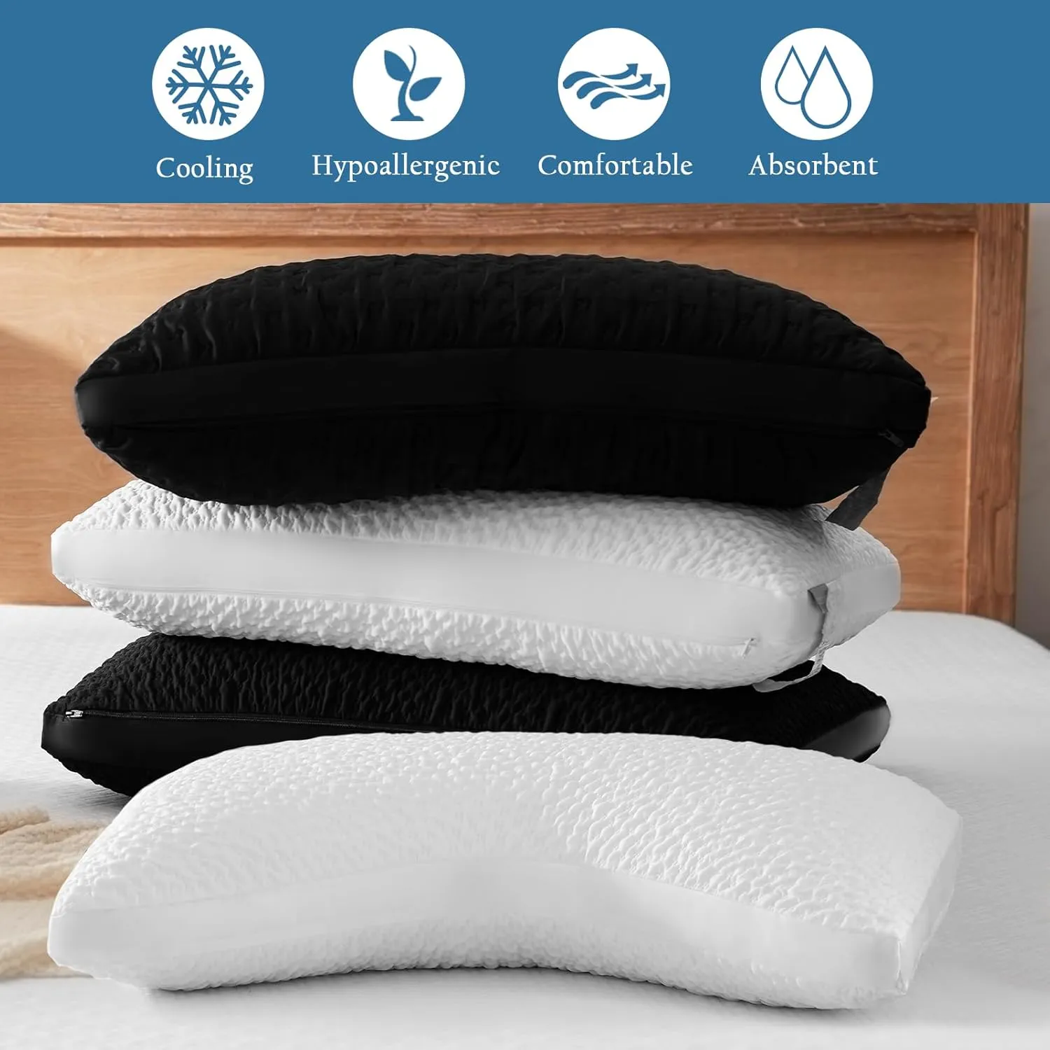 Side Sleeper Pillows for Adults, Adjustable Shredded Memory Foam Bed Pillows for Neck and Shoulder Pain, Standard White Cooling Curved Pillows with Washable Cover & Extra Foam Bag