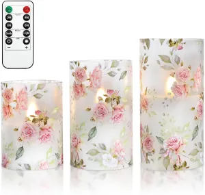 Silverstro Rose Flameless Candles with Remote Real Wax Blinks Glass Battery Operated Candles - Home Party Wedding Thanksgiving Christmas Summer Decor - Set of 3