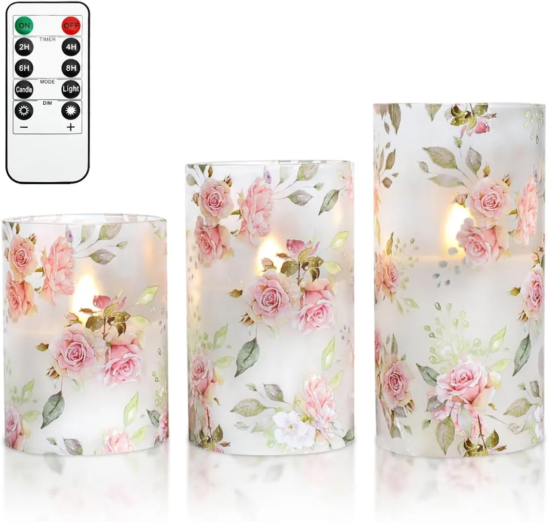 Silverstro Rose Flameless Candles with Remote Real Wax Blinks Glass Battery Operated Candles - Home Party Wedding Thanksgiving Christmas Summer Decor - Set of 3