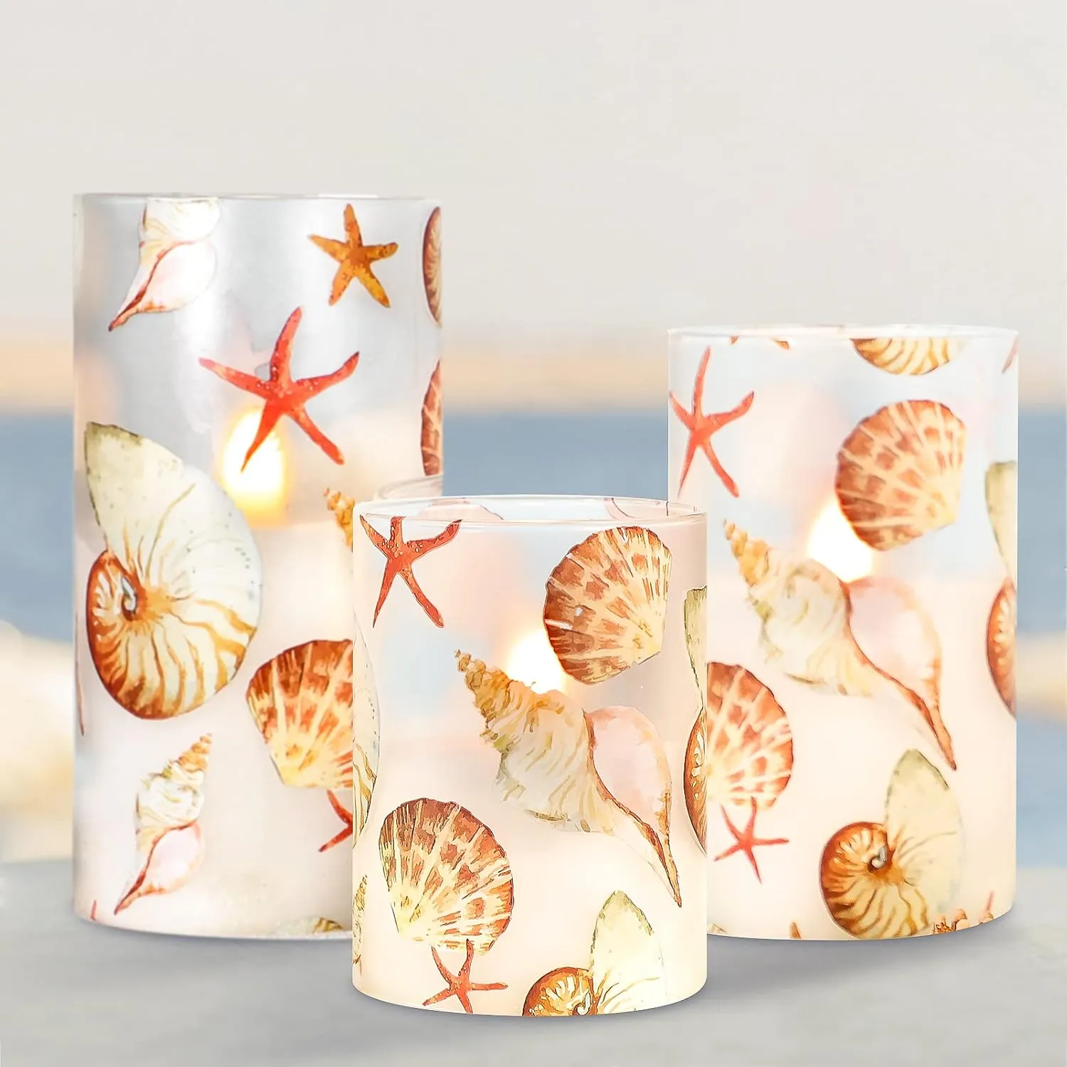 Silverstro Shell Flameless Candles Remote: Blinks Real Wax Glass Battery Operated Candles - Home Party Wedding Room Christmas Ocean Nautical Summer Decor - Set of 3