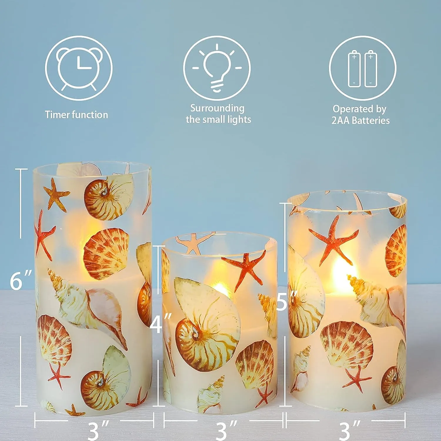 Silverstro Shell Flameless Candles Remote: Blinks Real Wax Glass Battery Operated Candles - Home Party Wedding Room Christmas Ocean Nautical Summer Decor - Set of 3